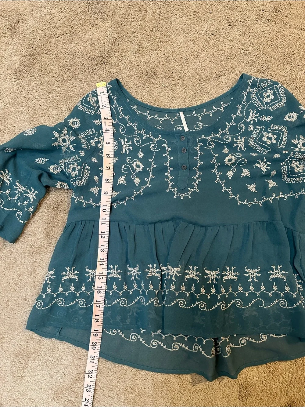 Free People Pennies Sequel Embroidered Floral Peasant Blouse Sheer Teal Boho XS